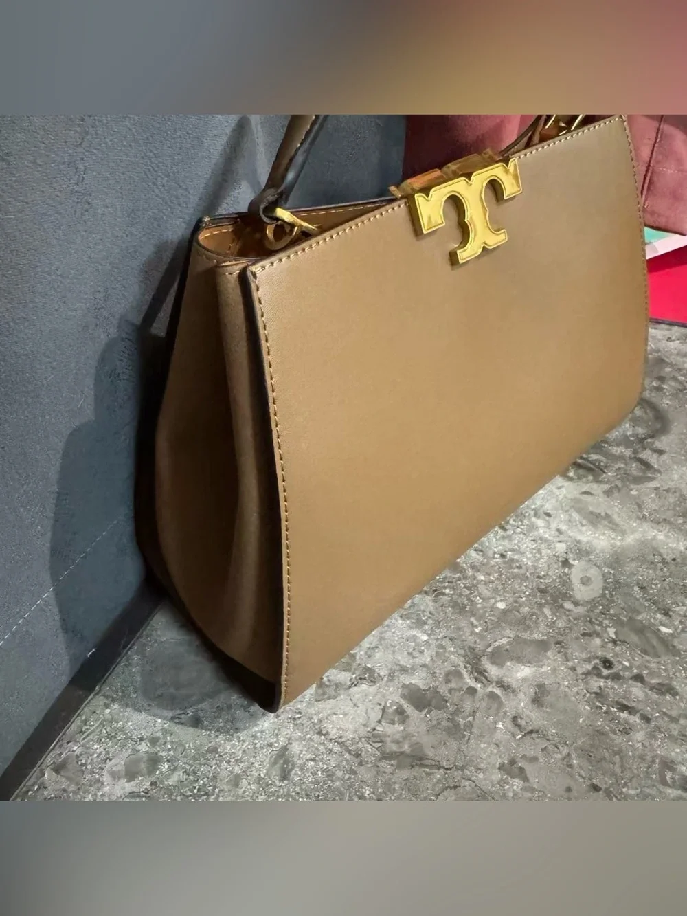 Tory Burch Tan Leather Top-Handle Satchel with Gold Logo